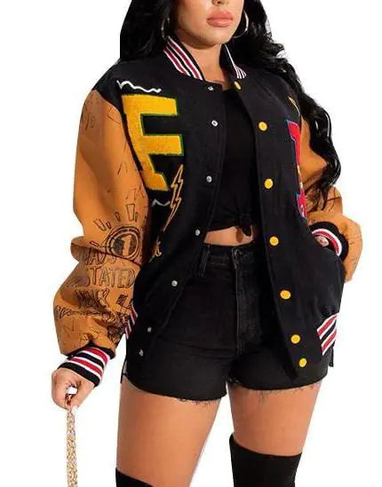 VOIKERDR Varsity Jacket Women Button Print Casual Jacket Spring Lightweight Jacket Sweatshirt