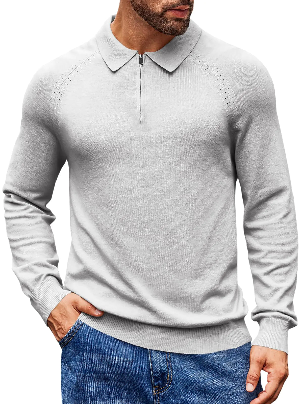 Runcati Mens Knit Polo Shirts Long Sleeve Quarter Zip Sweater Casual Slim Fit Golf Pullover Shirt Grey