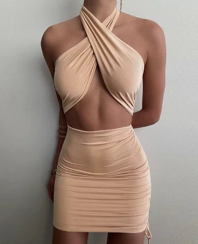 Slim-fit Sheath Cross Halterneck Dress for Women