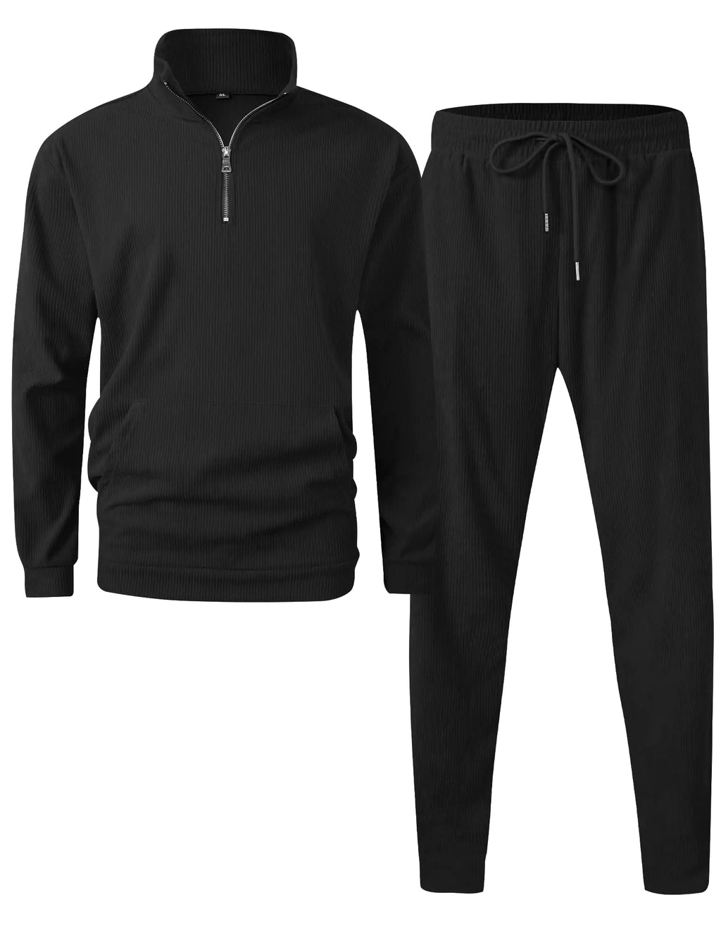 LecGee Mens Tracksuit 2 Piece Quarter Zip Sweatsuit Sets Polo Sweatsuit Corduroy Suit Running Suits (Black Medium)