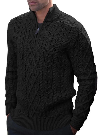 Makkrom Mens Quarter Zip Pullover Long Sleeve Cable Knit Sweater Casual Mock Neck Slim Fit Polo Sweaters Black
