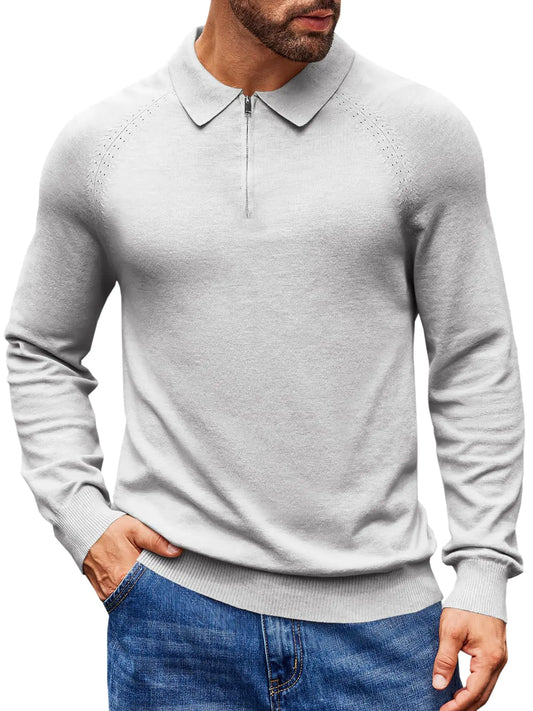 Runcati Mens Knit Polo Shirts Long Sleeve Quarter Zip Sweater Casual Slim Fit Golf Pullover Shirt Grey
