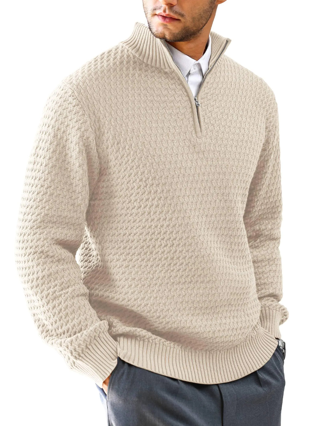 KAVIANA Mens Quarter Zip Sweater Mock Neck Pullover Ribbed Knit Casual Polo Sweaters Khaki