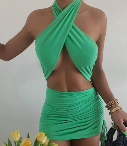 Slim-fit Sheath Cross Halterneck Dress for Women