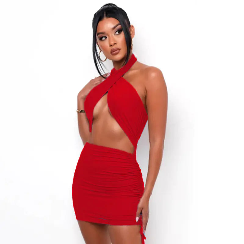 Slim-fit Sheath Cross Halterneck Dress for Women