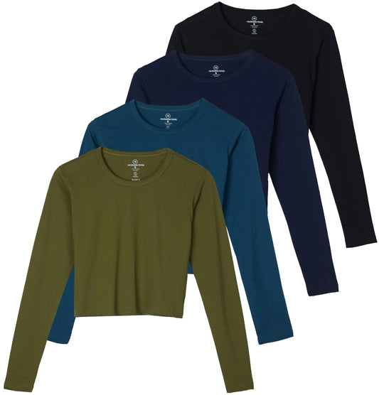 Real Essentials 4 Pack: Womens Cotton Long Sleeve Crop Top Fashion Sexy Cute Cropped Athletic Workout Tops Fall Clothing Shirts Tees Blouses White Ladies Outfits Trendy Tshirts Womens - Set 8 S