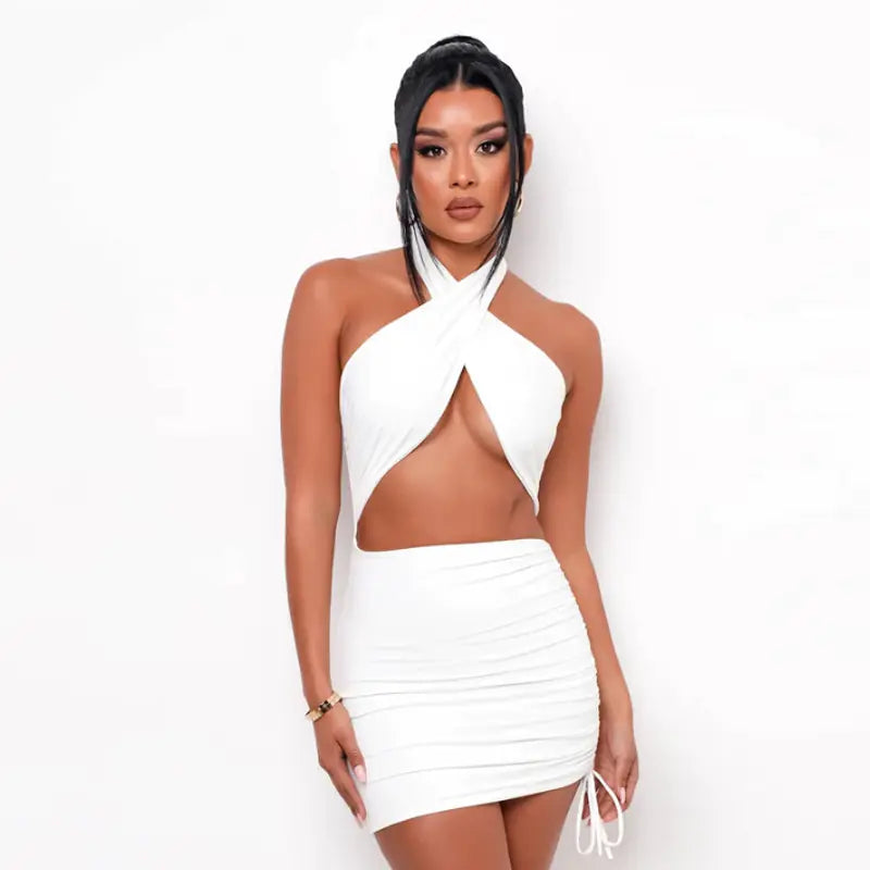 Slim-fit Sheath Cross Halterneck Dress for Women