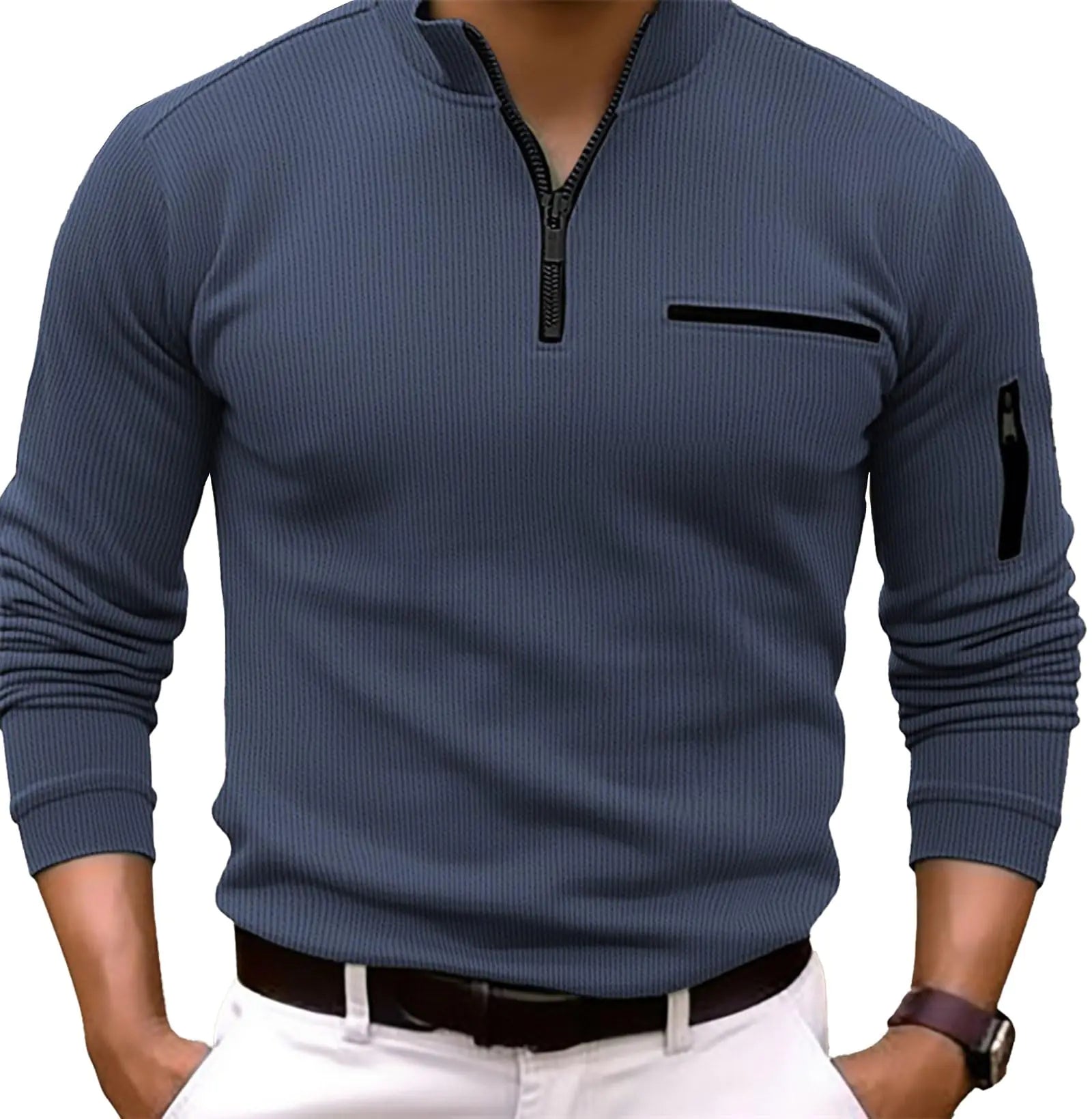 XL Dark Blue Mens Quarter Zip Up Long Sleeve Polo Shirt 2024 Casual Stylish Slim Fit Golf Polo Shirt Pullover Lightweight Polo Shirt with Pocket