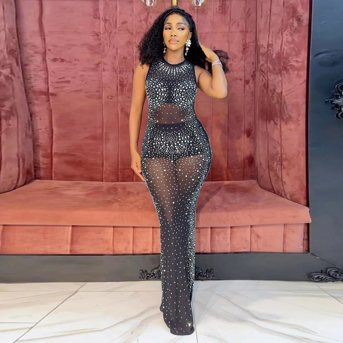 Slim-Fit Rhinestone Sleeveless Sheath Dress