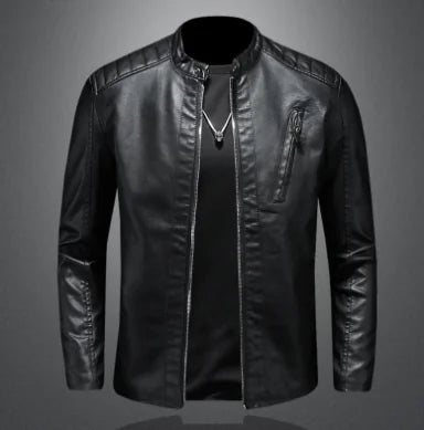 Men's Slim Fit Stand-Up Collar Leather Motorcycle Jacket