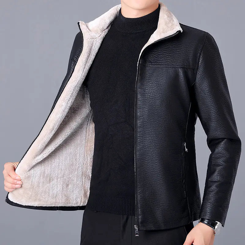 Men's Plus Velvet Leather Casual Stand Up Collar Jacket