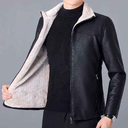 Men's Plus Velvet Leather Casual Stand Up Collar Jacket