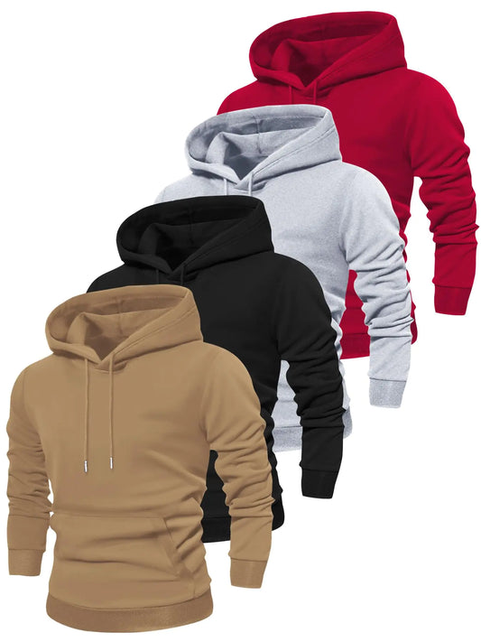 4 Packs Mens Clothing Solid Hooded Sweatshirt Stylish Hoodies Fashion Casual Tops For Spring Autumn (US Alpha Small Regular Regular Khaki+Black+Gray+Red)